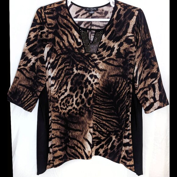 Lovely ELIE MCCARTHY 3X Brown, Black & White Multi Animal Print Stretch Blouse - Picture 1 of 4